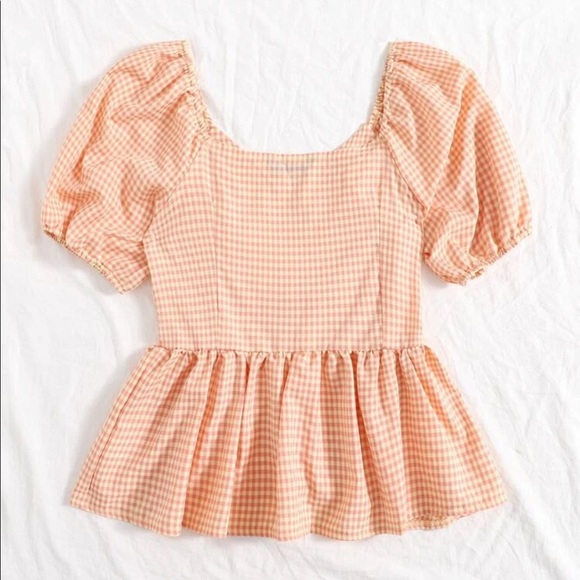 Shein Apricot Gingham Puff Sleeve Peplum Top - Picture 2 of 16